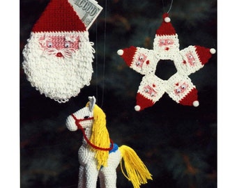 Vintage crochet patrón 80s Santa titular de dinero Corona Rocking Horse Adorno árbol de Navidad adornos decoración decoración de Navidad PDF descarga digital