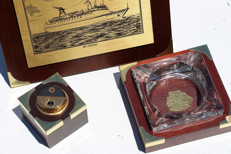 Wood smoking set Wood ashtray Table lighter Ship picture Marine gift for sailor USSR maritime art soviet vintage nautical decor sea decor