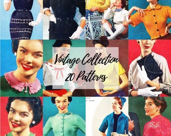 Set of 20 knitting and crochet patterns Vintage 50s collection womens & mens sweaters jackets accessories dress scarves shrug skirt PDF file