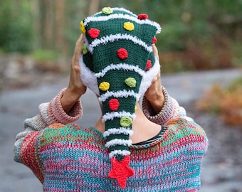 KNITTING PATTERN Adult christmas tree beanie with crochet star and bobbles, stripes easy pdf chunky bulky 12 ply long hat beginner knitter