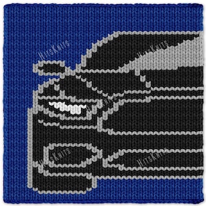 May include: A square knitted textile featuring a blue background with a black and grey graphic of a car silhouette. The design includes the text HITS KNITS repeated across the pattern in a subtle grey font, rendered in a knit stitch texture.