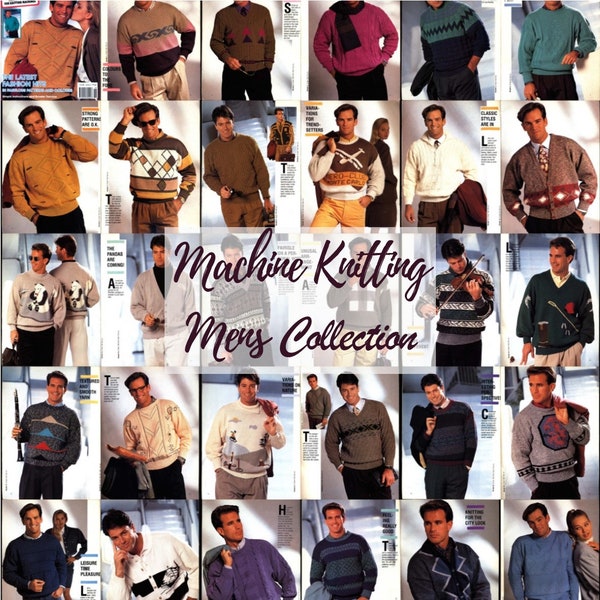 Big mens collection 31 machine knitting patterns knit pullovers standard gauge 4.5 mm punchcards or electronic Singer, Brother, Passap
