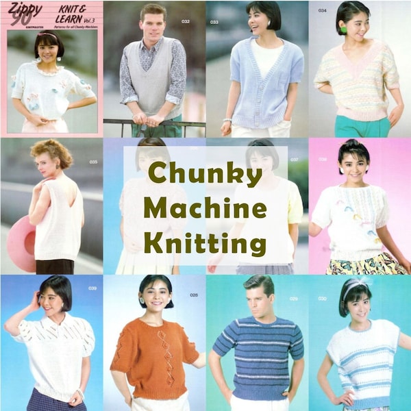 Modèles « Zippy 90, Knit & Learn Vol.3, Knitmaster » du magazine vintage pour toutes les grosses machines à tricoter, les laines volumineuses, les tricots pour femmes et hommes