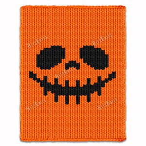 May include: Orange knitted Halloween-themed item with a black jack-o'-lantern face. The face features black eyes, a nose, and a jagged mouth. The item is likely a blanket or pillow cover. The text "HitsKnits" is visible in the corners.