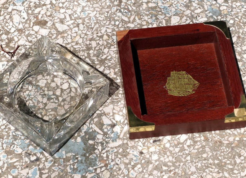 Wood smoking set Wood ashtray Table lighter Ship picture Marine gift for sailor USSR maritime art soviet vintage nautical decor sea decor