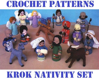 Patrones de crochet navideños Krok natividad set PDF Vintage 80s decoraciones navideñas regalo familiar 2ply 4ply bebé deporte peso hilo descarga digital