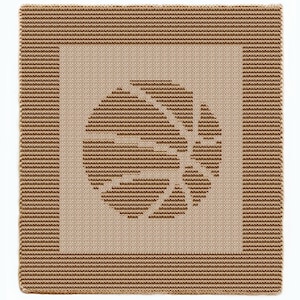 May include: A square knitted blanket in shades of beige and brown. The blanket features a central design of a stylized floral or geometric shape in brown, surrounded by a beige square border and a brown striped edge.