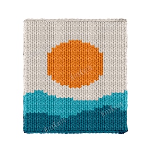 May include: A knitted square with a design of an orange sun over blue and teal waves. The top portion is a light beige color. The bottom portion has the text "HitsKnits" in white.