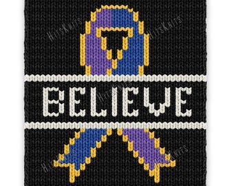 Believe Awareness Ribbon Finger Knitting Pattern, Chunky Jumbo Blanket, Rheumatoid Arthritis Support Gift, Colorwork Chart PDF
