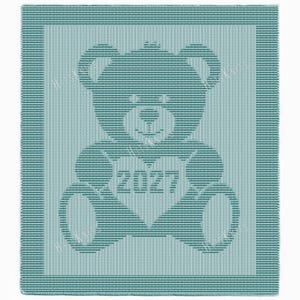 May include: A light teal knitted blanket featuring a central graphic of a teddy bear holding a heart with the number 2027 displayed in the center. The blanket has a textured knit pattern throughout and a distinct border around the entire edge.