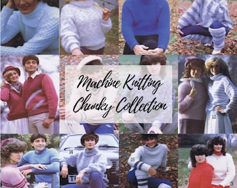 Machine knitting 17 patterns, 80s magazine "Brother Chunky Knits",  GAUGE 9 mm, women men bulky pullover, raglan dolman sleeves, leg warmers