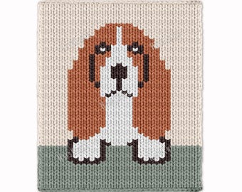 Basset hound dog Chunky Blanket - Finger Knitting Pattern PDF - Knit intarsia afghan - colorwork bulky Jumbo 7 yarn throw