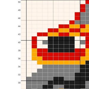 May include: A pixelated image of a character's face, rendered in a grid pattern. The design features a combination of red, yellow, gray, and black squares, creating a retro aesthetic. The image is a close-up of the character's face.