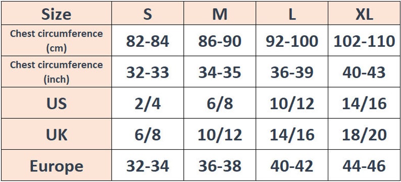 May include: A size chart table with a light peach background and dark blue text. It lists sizes S, M, L, and XL with corresponding chest circumference measurements in cm and inches, plus US, UK, and European size equivalents for each category.
