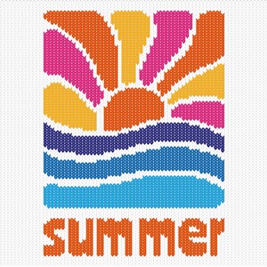 Abstracte Retro Sunmmer Sunset-kaart, digitale pdf-download, intarsia-grafiek en schriftelijke instructies voor hand- en machinaal breien, breipatroon