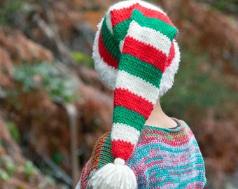 KNITTING PATTERN Adult striped Santa beanie elf hat chunky bulky long tassel hat red green white beginner knitter easy pdf ebook download