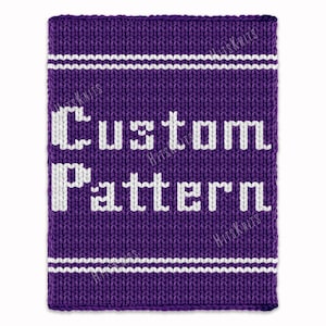 May include: A purple knitted item with the words "Custom Pattern" in white. Two white stripes run along the top and bottom edges. The knitted texture is clearly visible across the surface of the item.