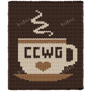 May include: A rectangular brown knitted fabric featuring a cream-colored coffee cup graphic. The cup displays the letters CCWG in a dark brown block font, a small brown heart below the text, and a stylized cream steam swirl above the cup.