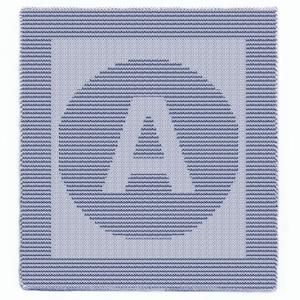 May include: A knitted baby blanket in a square shape, featuring a large letter "A" in the center. The blanket is light blue with navy blue horizontal stripes forming the letter and border. The design is simple and modern.