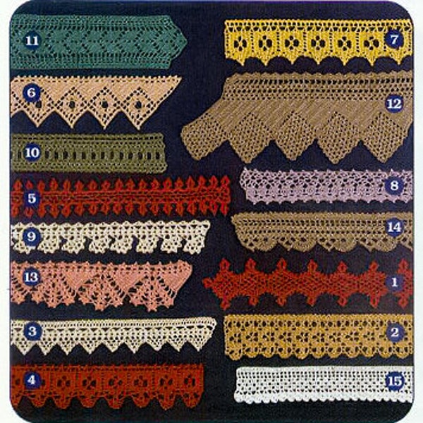 15 wide edgings PDF crochet patterns lace borders Beginner level Vintage tutorials 90s classic fine 2-3 ply cotton thread digital download