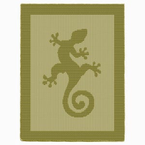 May include: A rectangular, olive green decorative rug featuring a detailed lizard silhouette in a darker shade of green. The lizard has a curled tail and is centered within a bordered frame, creating a textured, patterned design.