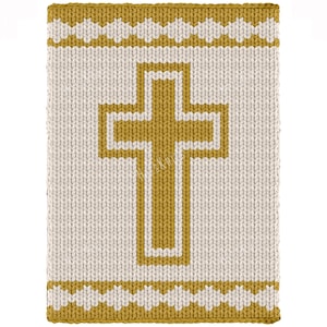 May include: A rectangular knitted textile featuring a central gold cross motif on a cream background. The design includes horizontal bands of gold and cream zigzag patterns at the top and bottom edges, creating a structured, symmetrical appearance.