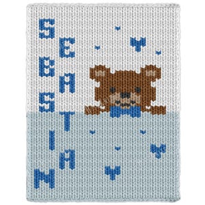 May include: A rectangular knit blanket featuring a white top section and a light blue bottom section. The name SEBASTIAN is vertically oriented in blue letters on the left. A brown bear with a blue bow tie is centered on the blanket.