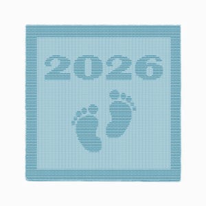 May include: A light blue baby blanket with the year "2026" and two baby footprints knitted into the fabric. The blanket has a textured appearance and a border with darker blue stripes.