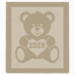 May include: Tan and beige teddy bear blanket with a striped design. The bear is holding a heart with the year "2026" in the center. The blanket has a border.