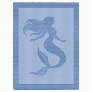 May include: A blue blanket featuring a mermaid silhouette. The mermaid is in a swimming pose with flowing hair and a fishtail. The blanket has a striped border and a light blue background.