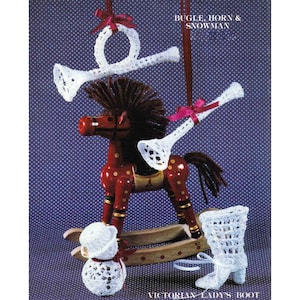 Vintage 80s crochet pattern christmas victorian lace ornaments ladys boot bungle and horn snowman PDF instructions tree trims decorations image 1