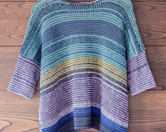 Pattern PDF Knitting Machine Brother KH260 KH230 summer knit sweater women cotton pullover short 3/4 sleeves crew neck partial knitting easy