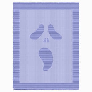 May include: A light blue knitted blanket featuring a stylized ghost face design. The face has two curved eye shapes, a small nose, and a large open mouth. The blanket has a solid blue border.