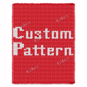 May include: A rectangular, red knitted item with the words "Custom Pattern" in white block letters. The item has a textured appearance, with the words centered on the fabric. The brand name "HitsKnits" is printed in white on the item.