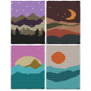 Könnte beinhalten: Vier gestrickte Landschaftskunstwerke. Jedes zeigt eine andere Szene: Berge unter einem Sternenhimmel, einen Halbmond über Hügeln, einen Sonnenaufgang über Bergen und einen Sonnenuntergang über dem Wasser. Der Text "hitsknits" ist sichtbar.