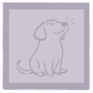 Op de afbeelding: Een lichtpaarse gebreide deken met een gedetailleerde omtrek van een hond. De hond zit, met zijn staart gekruld. De deken heeft een gestreepte rand in een donkerdere tint paars.