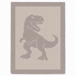 May include: A beige and grey knitted blanket with a large Tyrannosaurus Rex dinosaur design. The blanket has a striped border and a repeating pattern. The dinosaur is in a standing pose with its mouth open.