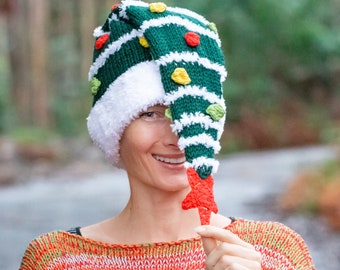 KNITTING PATTERN Christmas tree beanie with crochet star & knit bobbles, elf long striped hat easy pdf chunky bulky 12 ply long hat beginner