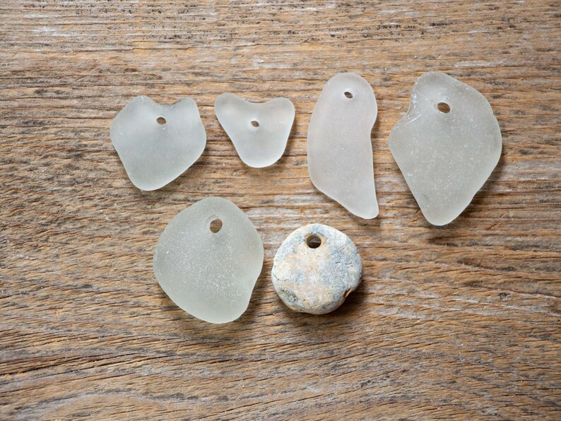 Set Of Sea Glass Pendant Supply Beach Stone Pendant Seaside Jewelry Sea Hearts White Sea Glass Jewelry Supply For Jewelry Drilled Sea Stone