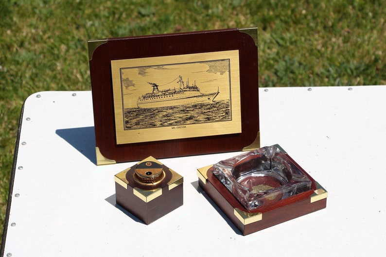 Wood smoking set Wood ashtray Table lighter Ship picture Marine gift for sailor USSR maritime art soviet vintage nautical decor sea decor