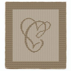 May include: A square, beige knitted blanket with a brown border and a large, stylized brown letter "C" in the center. The blanket has a textured appearance, with the letter "C" appearing to be stitched into the fabric.