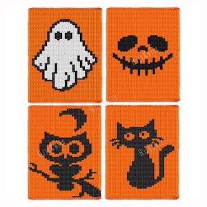 May include: Four orange knitted squares with black and white Halloween designs. The designs include a ghost, jack-o'-lantern face, owl, and a cat. The squares are likely coasters or small decorative items.