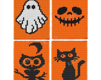 Halloween Set of 4 Knit Patterns for Chunky Blanket - Jack Skellington, Ghost, Black Cat & Night Owl - Finger Knitting Color work afghan