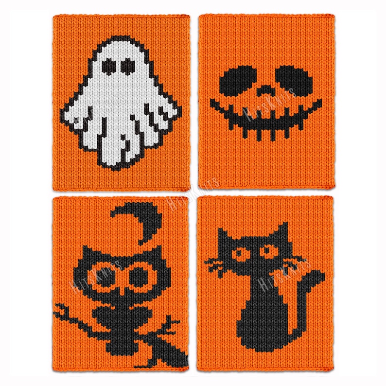 May include: Four orange knitted squares with black and white Halloween designs. The designs include a ghost, jack-o'-lantern face, owl, and a cat. The squares are likely coasters or small decorative items.
