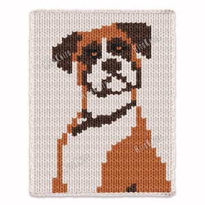 May include: A knitted dog portrait in shades of brown, white, and black. The dog's face and body are depicted with a pixelated design on a cream-colored background. The text "Hitsknits" is visible in the upper right corner.