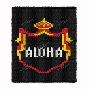 May include: Black knitted patch with the word "ALOHA" in white block letters. The word is inside a red and yellow decorative frame with a crown at the top. The patch has the words "Hits Knits" in white on the edges.