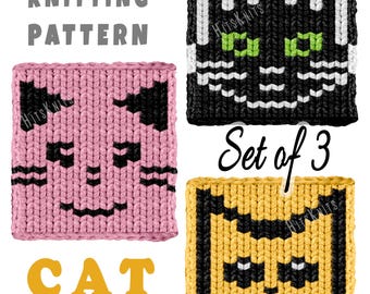 Set van 3 breipatronen voor kattenkleedjes met jumbo garen, breipatroon met kattengezichtjes, vinger- en weefraambreiwerk voor een huisdierendeken, direct te downloaden als PDF.