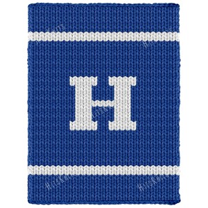 Patrón de tejido con los dedos de la letra H, manta gruesa con inicial universitaria azul y blanca - gráfico de 28 bucles x 66 filas, PDF de patrón de hilo Jumbo