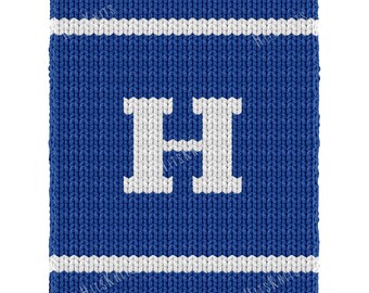 Letter H Finger Knitting Pattern, Blue and White Varsity Initial Chunky Blanket - chart 28 loops x 66 rows, Jumbo Yarn Graphghan PDF