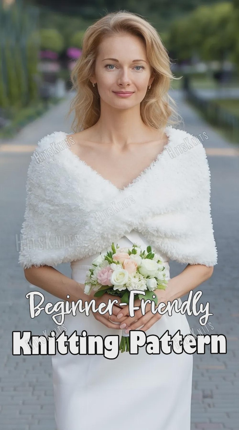 May include: A white fuzzy knit shawl with a V-neckline worn over a white dress. The image includes the text "HitsKnits" and "Beginner-Friendly Knitting Pattern" in white and black lettering. The shawl has a soft, textured, and plush appearance.